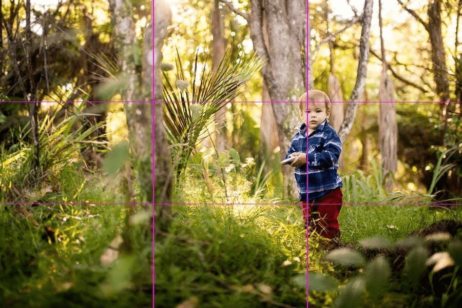 کودکی درون یک فضای سبز با خطوط فرضی قانون یک سوم در عکاسی